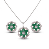 Rhodium Emerald Flower Zircon Pendant Set